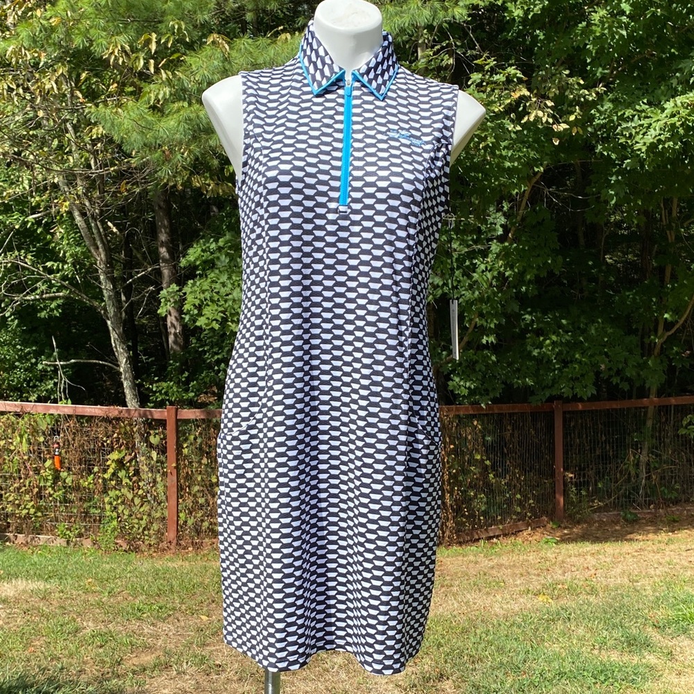 Jofit geometric black/white/turquoise zip closure golf dress with pockets NWT S